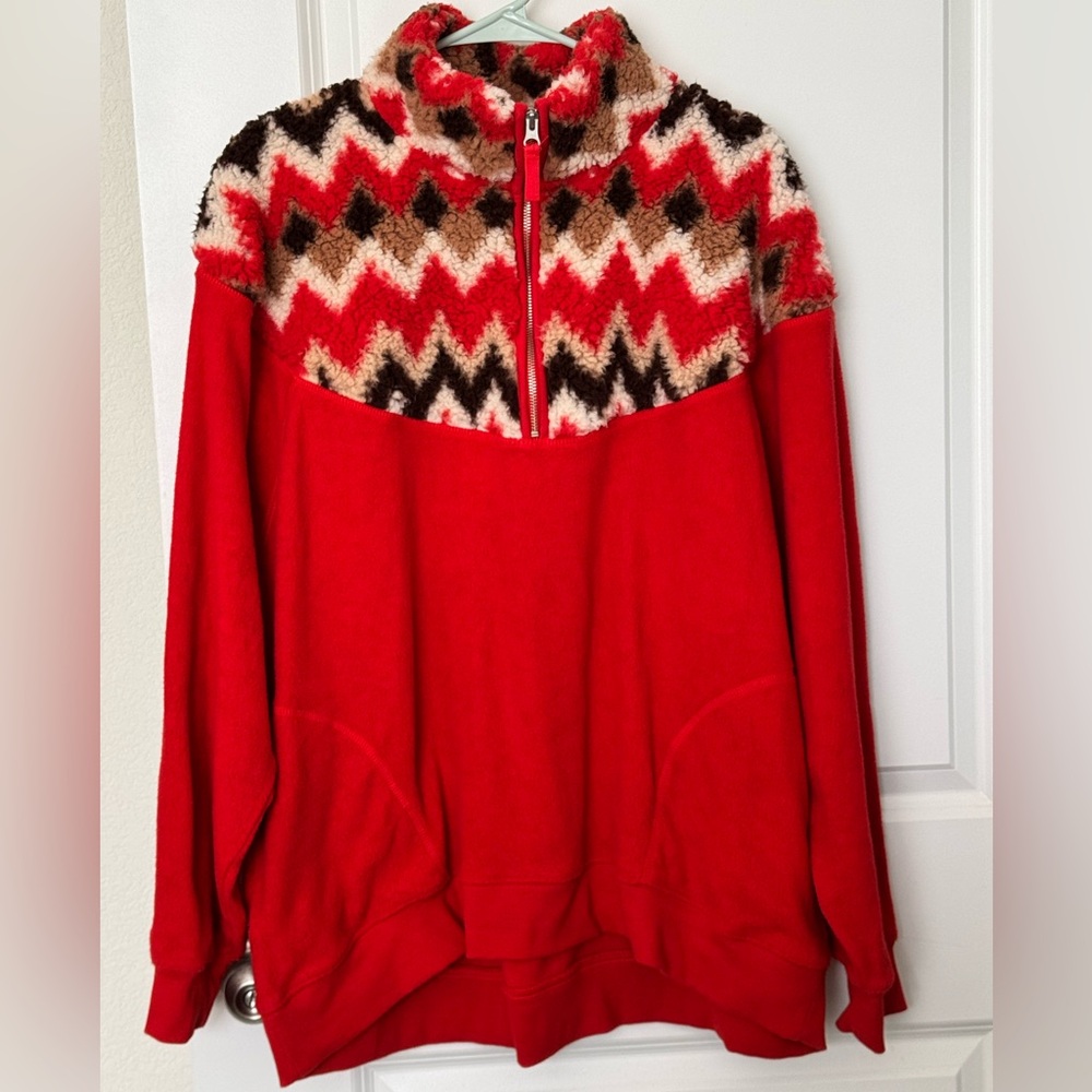 Aerie Hometown Holiday Quarter-zip Fleece Sweatshirt - Holiday Red - size M